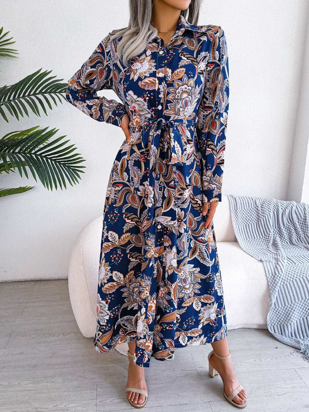 2026 Spring/Summer European and American Retro Floral Lapel Tie Shirt Dress Long Dress Amazon Cross-Border Women's Clothing by DERILUJA LLC