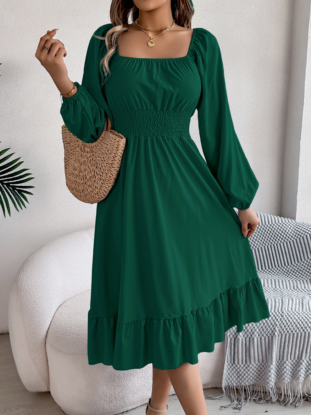 2026 Spring/Summer European and American Casual Solid Color Square Neck Long Sleeve Waist-Cinching Ruffle A-Line Dress Amazon Cross-Border Women's Clothing by DERILUJA LLC