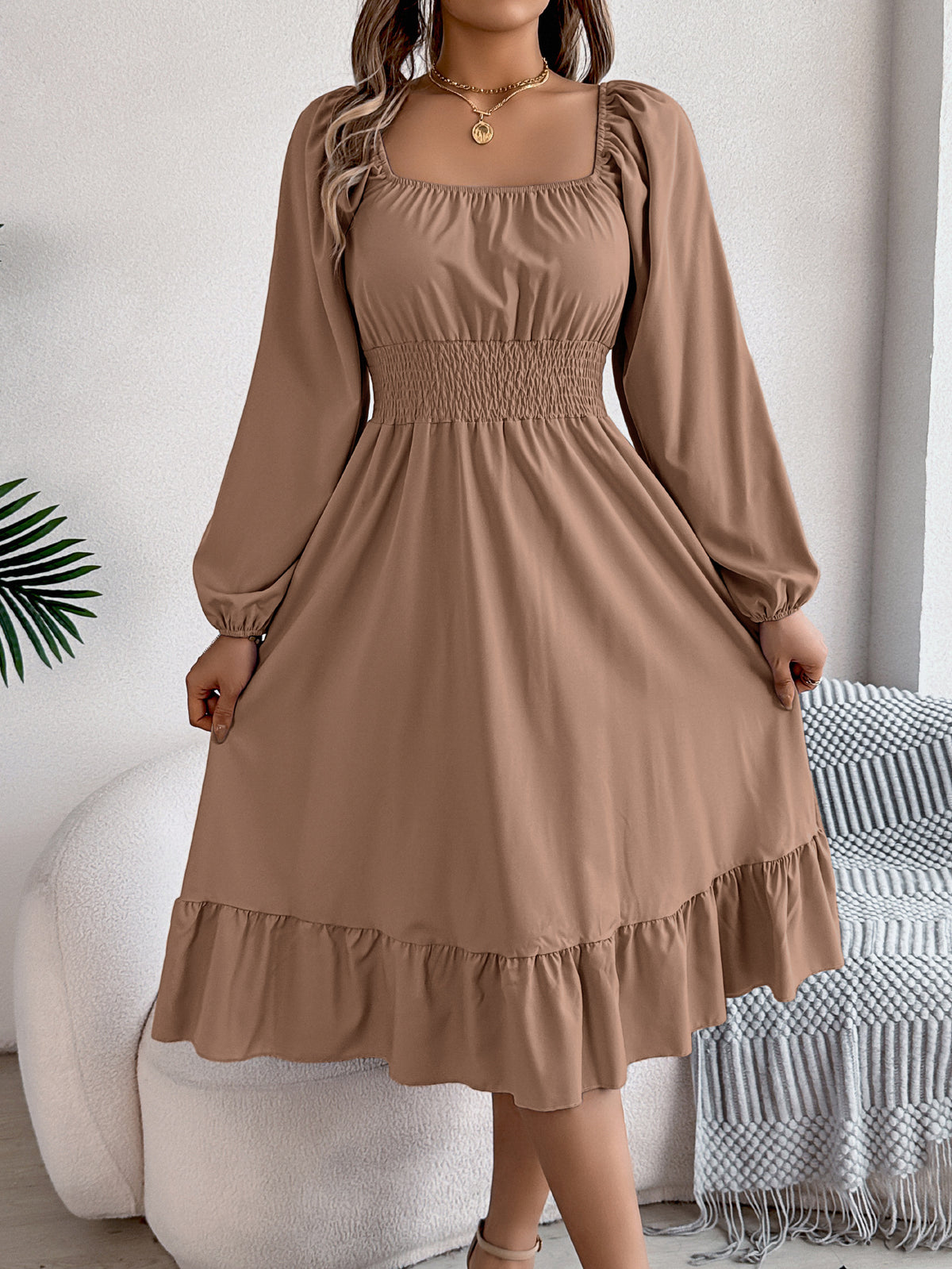 2026 Spring/Summer European and American Casual Solid Color Square Neck Long Sleeve Waist-Cinching Ruffle A-Line Dress Amazon Cross-Border Women's Clothing by DERILUJA LLC