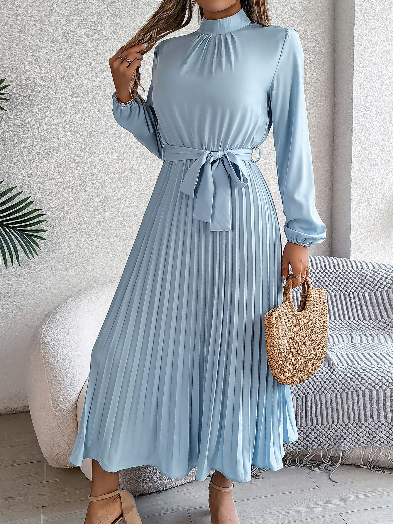 2026 European and American Spring/Summer Elegant Stand Collar Long Sleeve Waist-Cinched Pleated Long Dress Mini Dress Amazon Cross-Border Women's Clothing by DERILUJA LLC