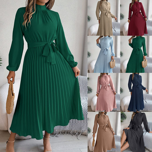 2026 European and American Spring/Summer Elegant Stand Collar Long Sleeve Waist-Cinched Pleated Long Dress Mini Dress Amazon Cross-Border Women's Clothing by DERILUJA LLC