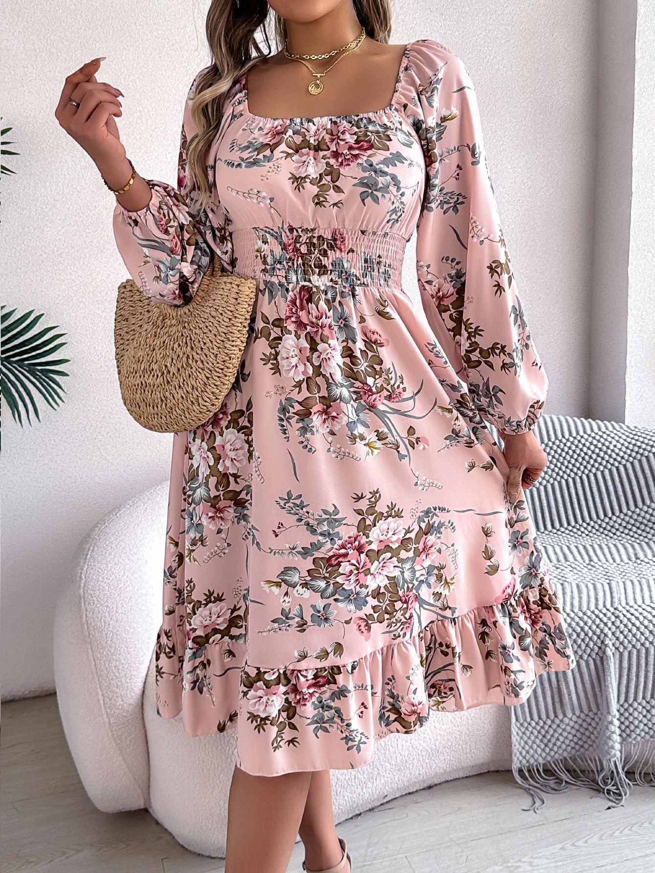 Real shot spring and summer European and American elegant flower square collar long sleeve waist ruffled A- line skirt independent station cross-border women's clothing by DERILUJA LLC