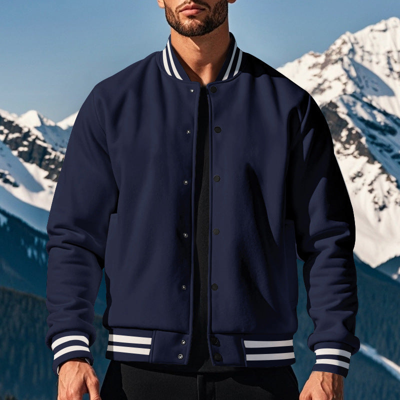 Cross-Border Men's Autumn and Winter Fleece American Retro Baseball Jacket Loose Casual Stand Collar Single-Breasted Men's Coat by DERILUJA LLC