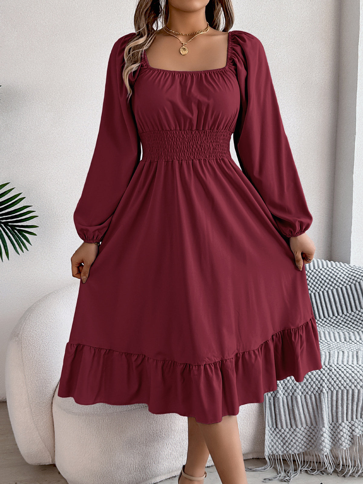 2026 Spring/Summer European and American Casual Solid Color Square Neck Long Sleeve Waist-Cinching Ruffle A-Line Dress Amazon Cross-Border Women's Clothing by DERILUJA LLC