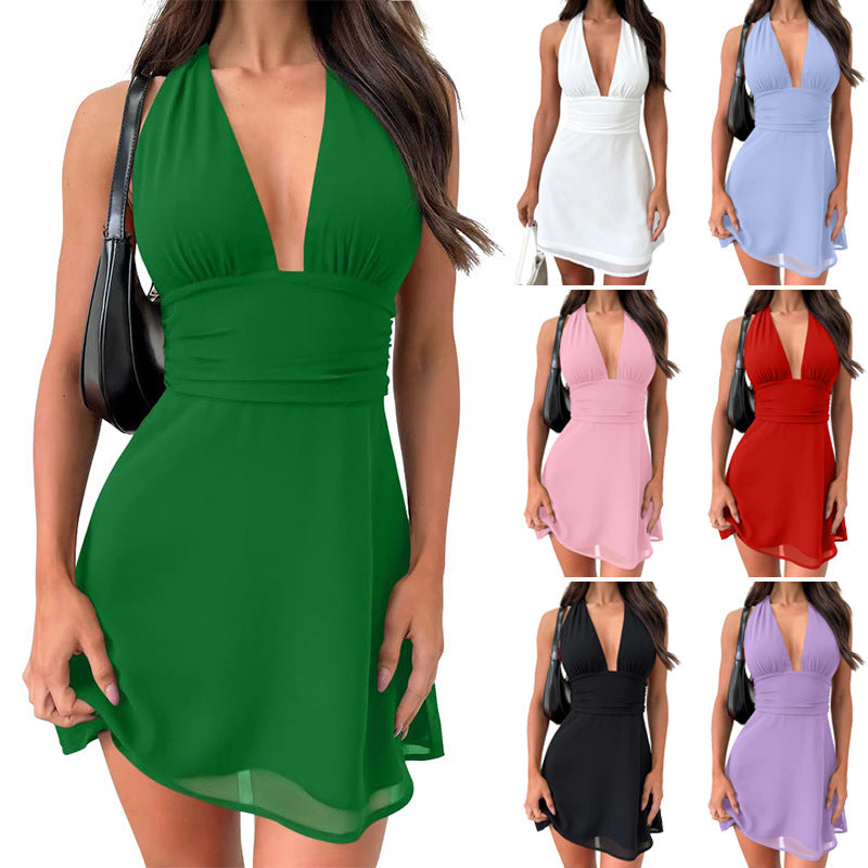 Spot European and American Cross-Border Women's Clothing Strappy Deep V Tight Skirt Sexy Sexy Backless Strappy Waist Dress by DERILUJA LLC