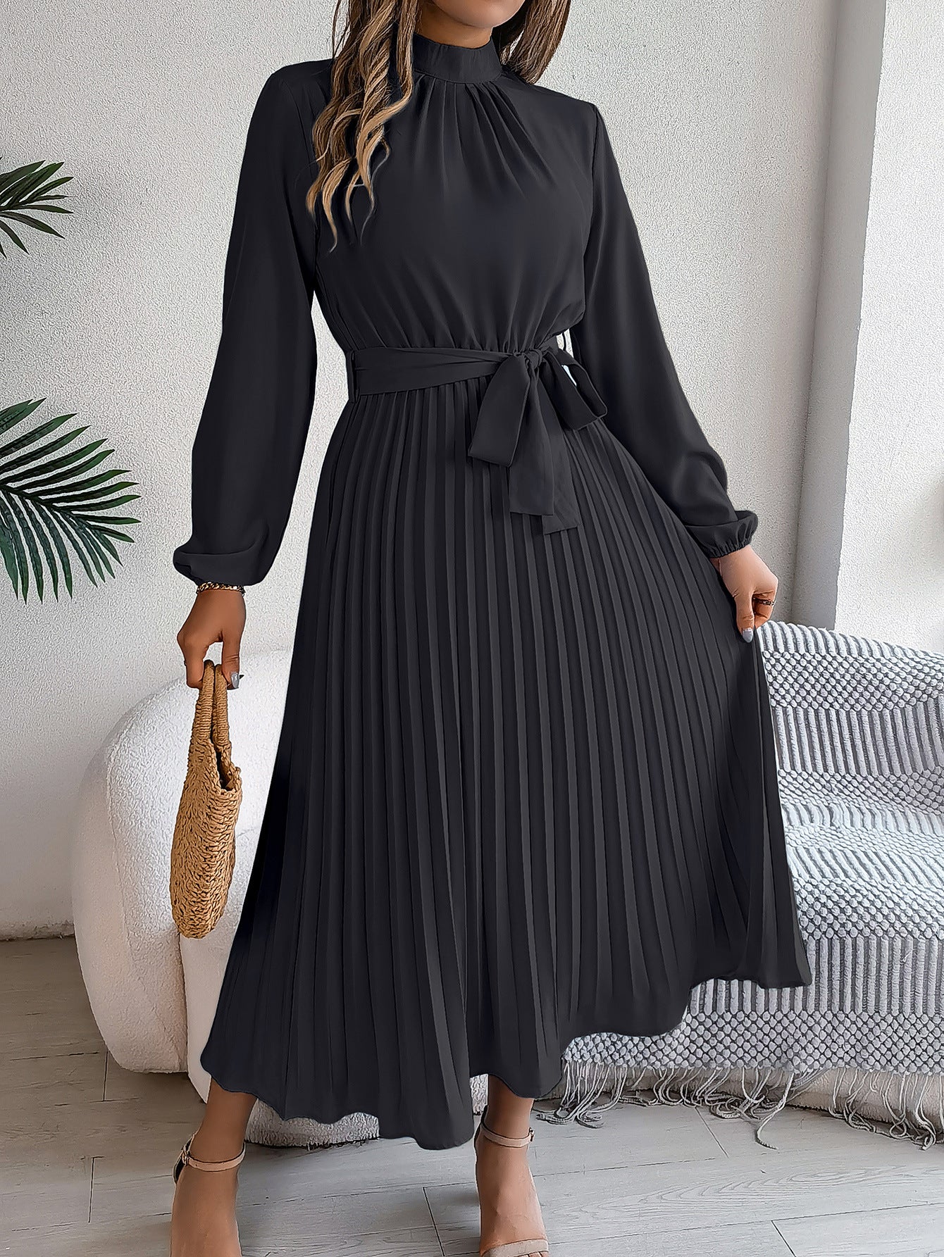 2026 European and American Spring/Summer Elegant Stand Collar Long Sleeve Waist-Cinched Pleated Long Dress Mini Dress Amazon Cross-Border Women's Clothing by DERILUJA LLC