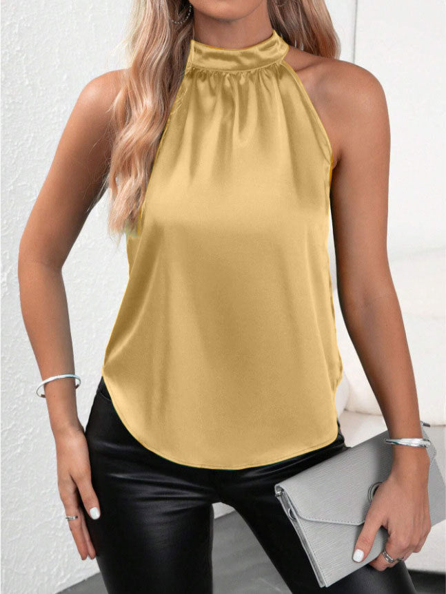 Amazon 2026 European and American Cross-Border Foreign Trade Summer New Satin Vest for Women, Solid Color Off-Shoulder Halter Neck Sleeveless Top by DERILUJA LLC