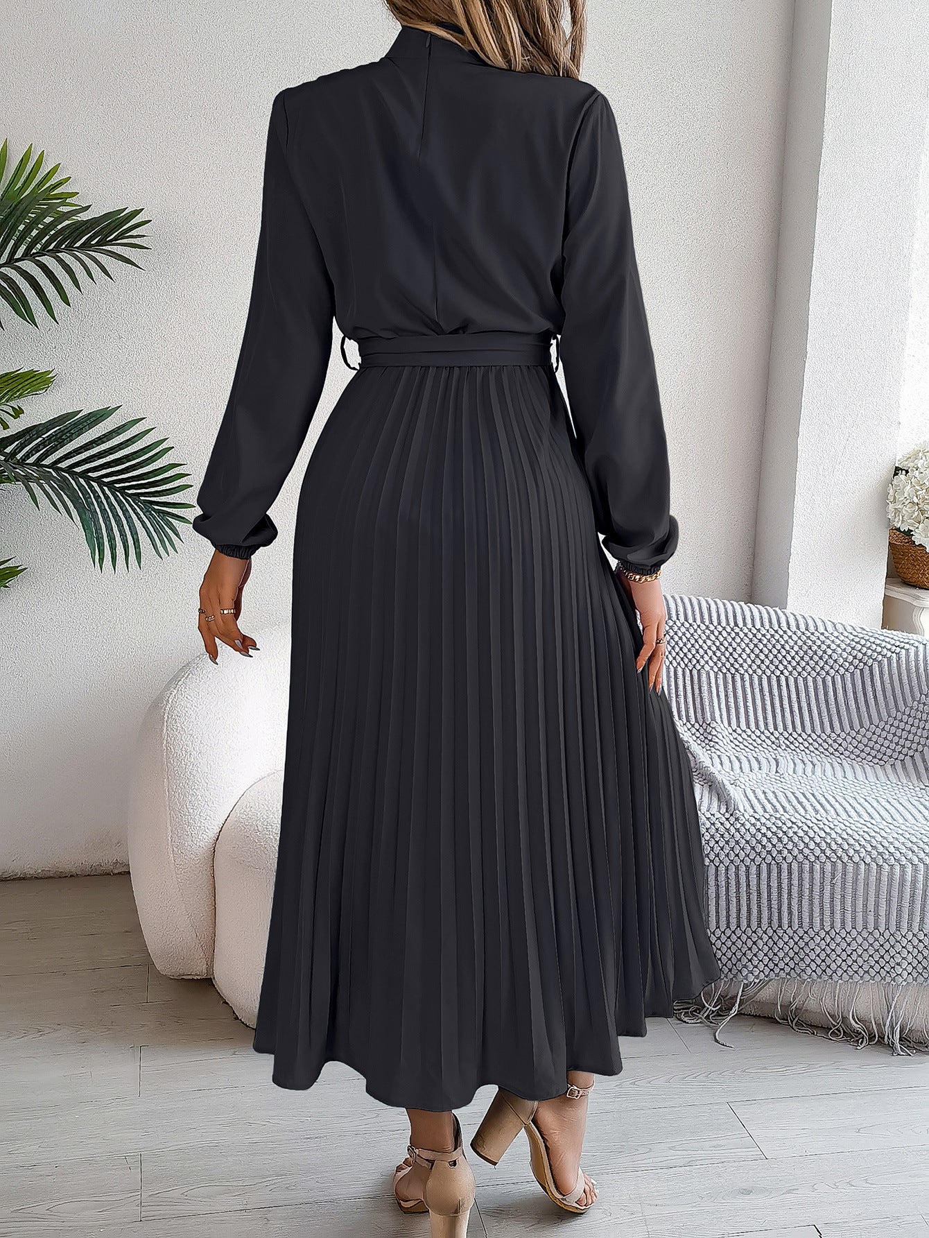 2026 European and American Spring/Summer Elegant Stand Collar Long Sleeve Waist-Cinched Pleated Long Dress Mini Dress Amazon Cross-Border Women's Clothing by DERILUJA LLC