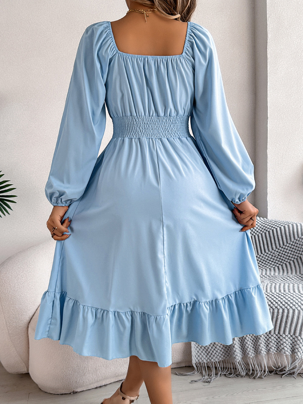 2026 Spring/Summer European and American Casual Solid Color Square Neck Long Sleeve Waist-Cinching Ruffle A-Line Dress Amazon Cross-Border Women's Clothing by DERILUJA LLC
