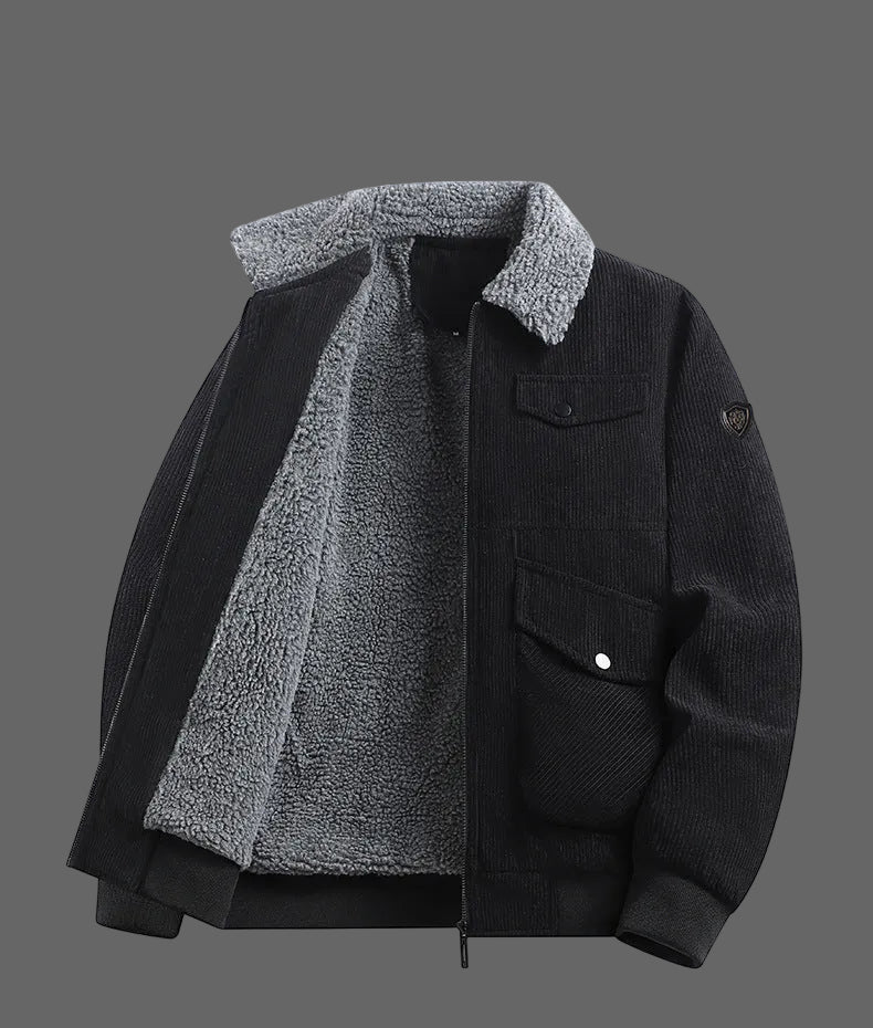 Winter Plus Size Men's New Corduroy Lambskin Cotton-padded Coat Warm Overalls Lapel Cotton-padded Coat Young and Middle-aged Jacket by DERILUJA LLC
