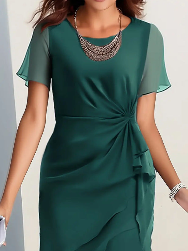 Cross-border independent station new 2025 summer dress stitching chiffon crew neck short sleeve dress by DERILUJA LLC