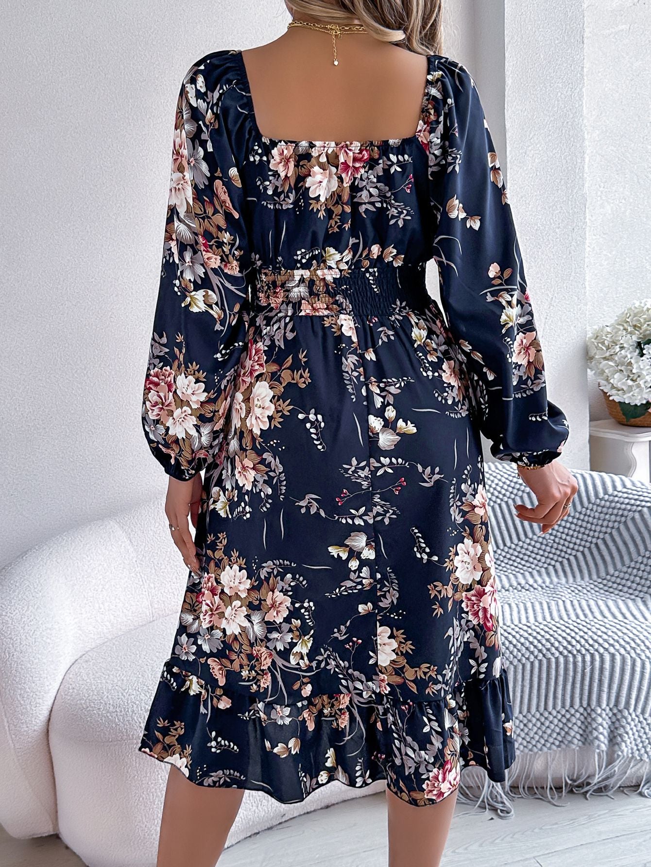 Real shot spring and summer European and American elegant flower square collar long sleeve waist ruffled A- line skirt independent station cross-border women's clothing by DERILUJA LLC