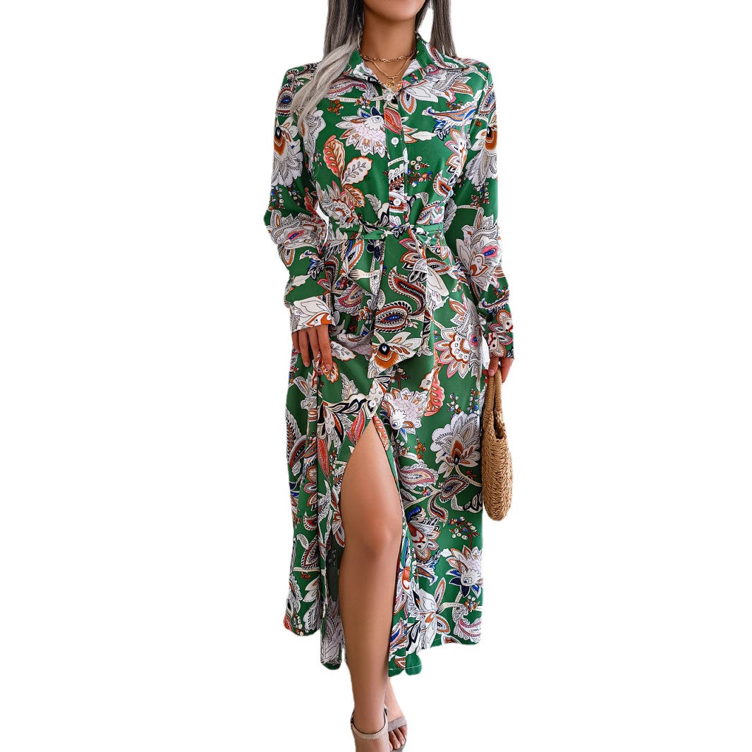 2026 Spring/Summer European and American Retro Floral Lapel Tie Shirt Dress Long Dress Amazon Cross-Border Women's Clothing by DERILUJA LLC