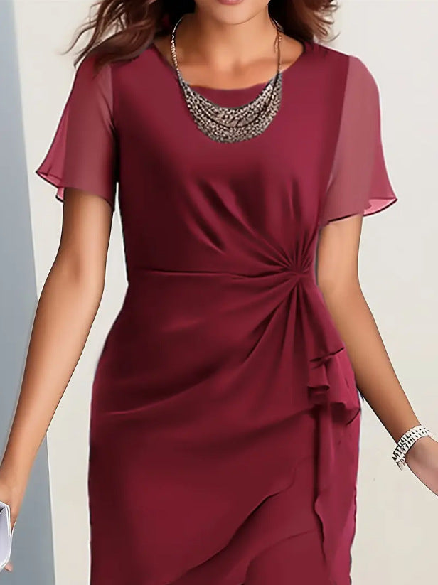 Cross-border independent station new 2025 summer dress stitching chiffon crew neck short sleeve dress by DERILUJA LLC