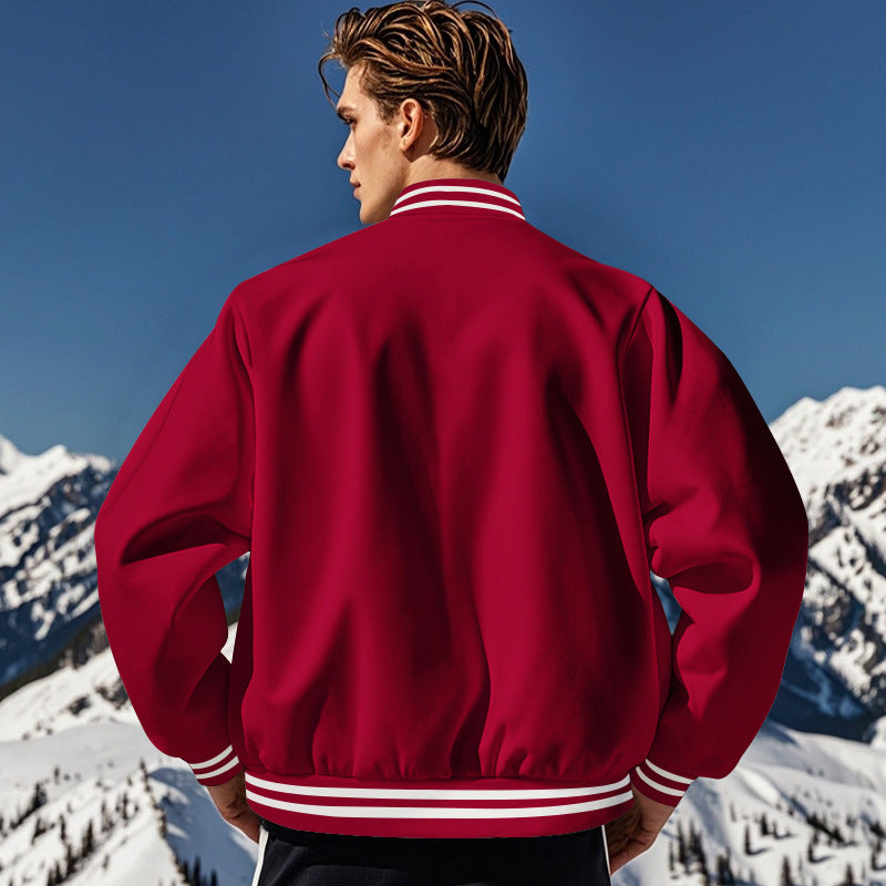 Cross-Border Men's Autumn and Winter Fleece American Retro Baseball Jacket Loose Casual Stand Collar Single-Breasted Men's Coat by DERILUJA LLC