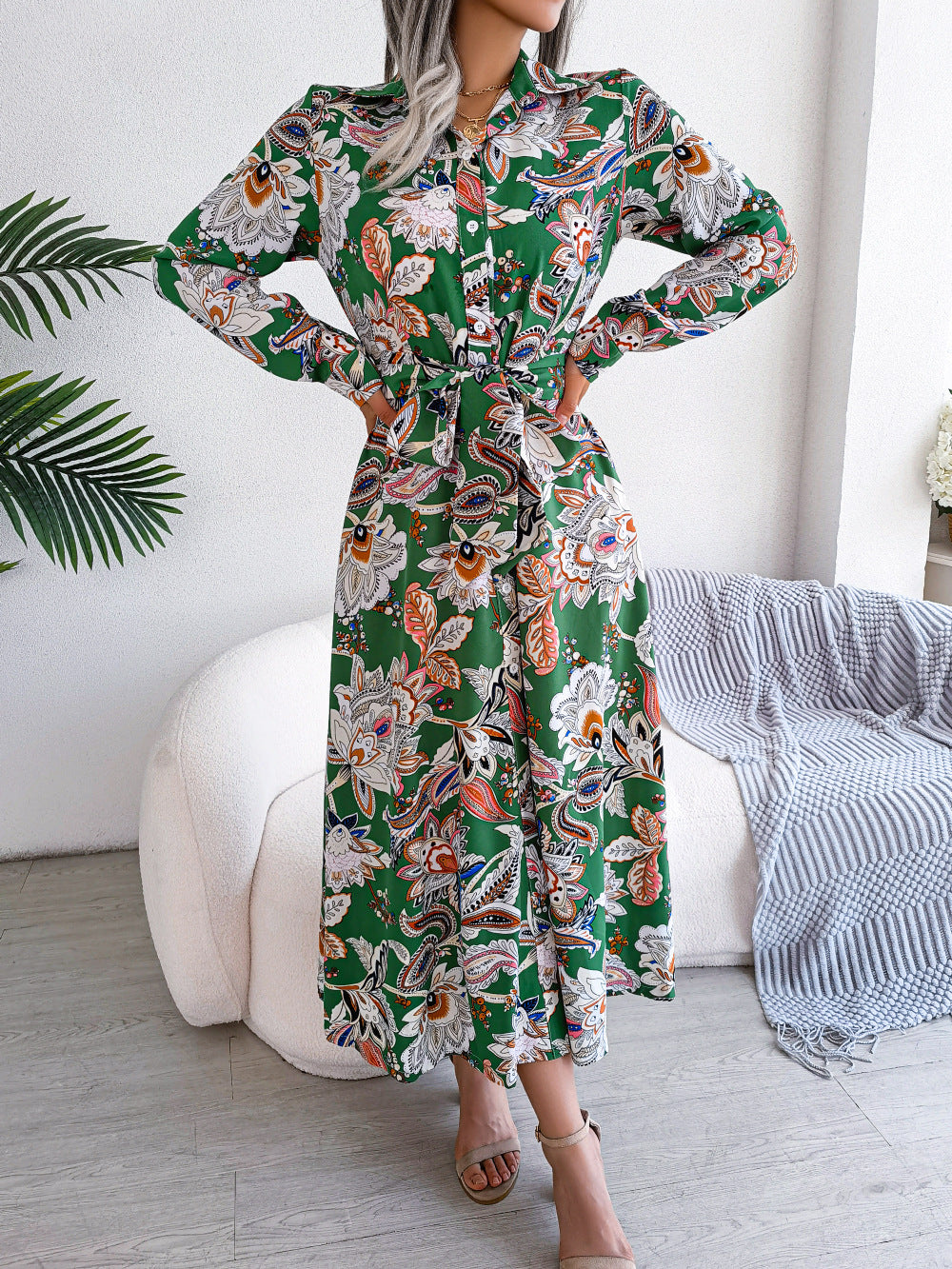 2026 Spring/Summer European and American Retro Floral Lapel Tie Shirt Dress Long Dress Amazon Cross-Border Women's Clothing by DERILUJA LLC