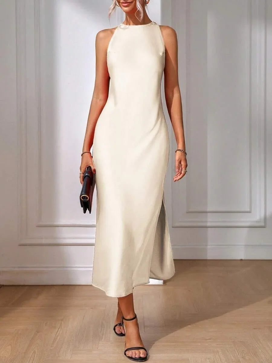 European and American Cross-Border Amazon Satin Dress Women's Spring and Summer Sleeveless Slit Satin Imitation Silk Long Skirt by DERILUJA LLC