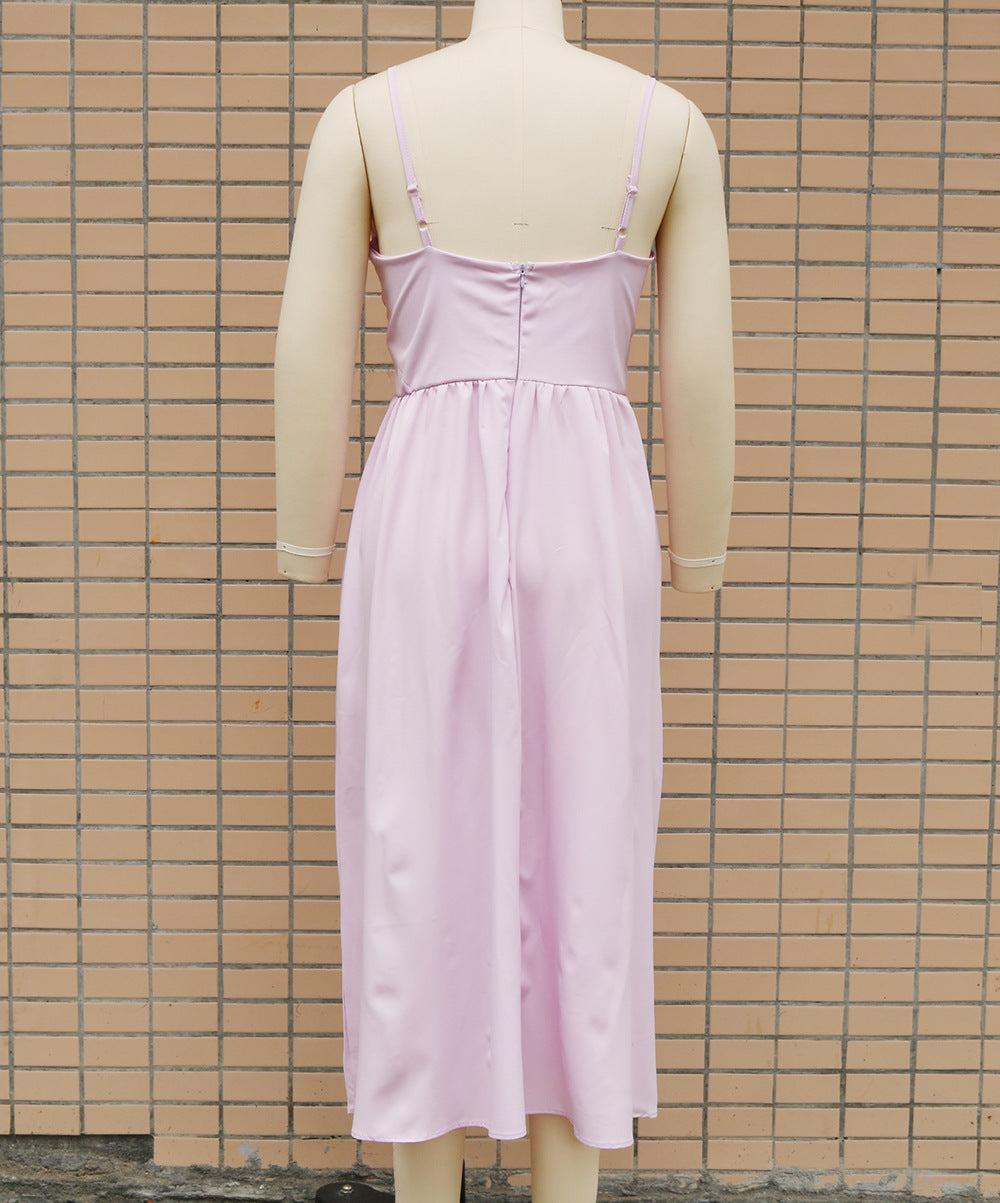 Europe and the United States cross-border foreign trade new women's Amazon suspenders V-neck large pendulum dress slim-fit backless mid-length dress by DERILUJA LLC