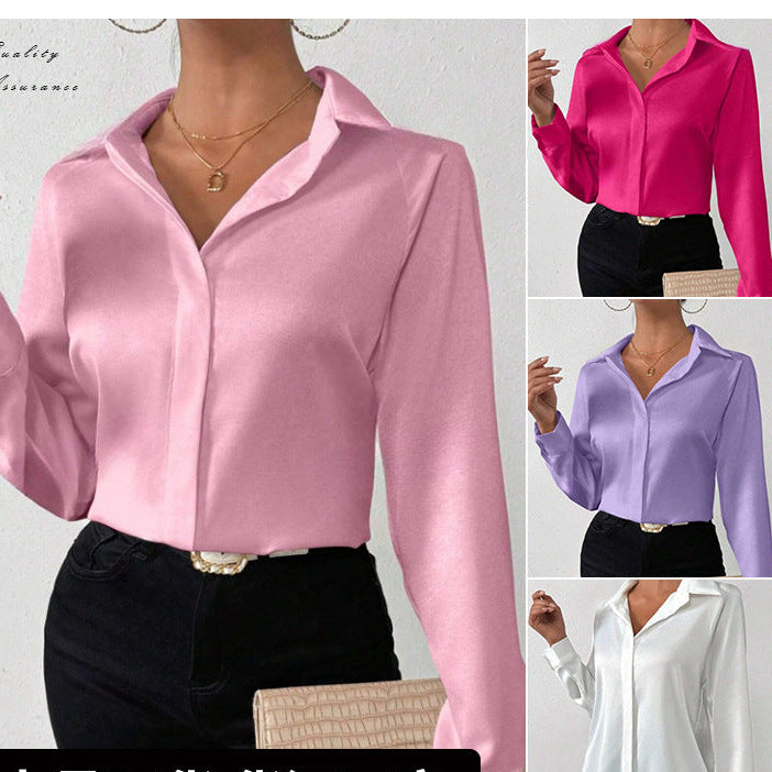 Cross-Border European and American Clothing Satin Shirt Women's Satin Imitation Silk Long-Sleeved Shirt European and American Export Cross-Border Women's Clothing by DERILUJA LLC