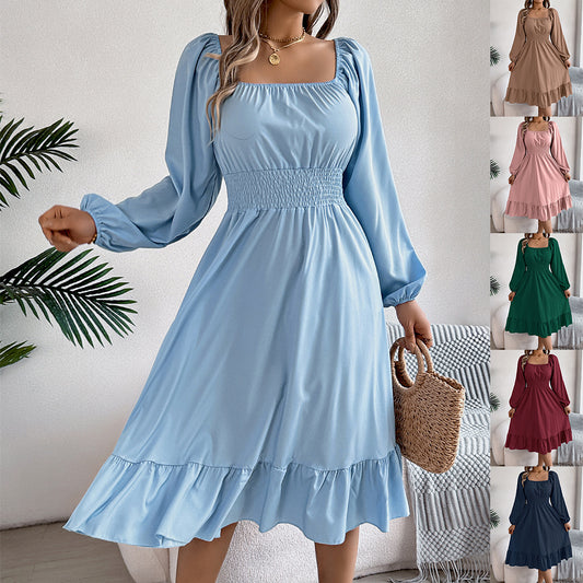 2026 Spring/Summer European and American Casual Solid Color Square Neck Long Sleeve Waist-Cinching Ruffle A-Line Dress Amazon Cross-Border Women's Clothing by DERILUJA LLC