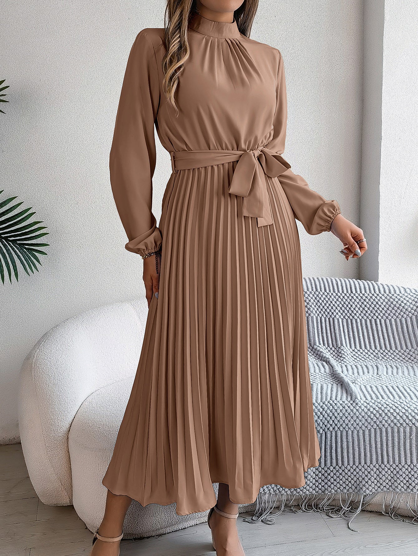 2026 European and American Spring/Summer Elegant Stand Collar Long Sleeve Waist-Cinched Pleated Long Dress Mini Dress Amazon Cross-Border Women's Clothing by DERILUJA LLC