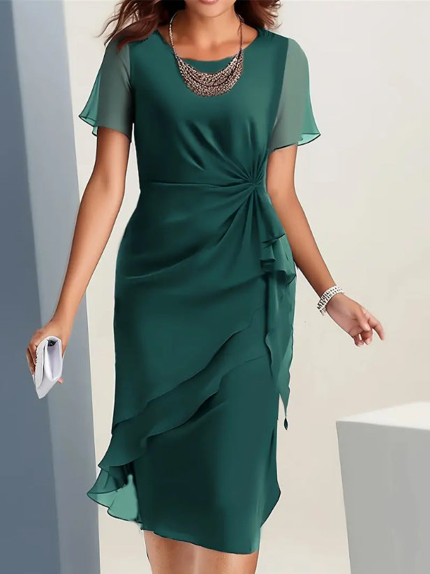 Cross-border independent station new 2025 summer dress stitching chiffon crew neck short sleeve dress by DERILUJA LLC