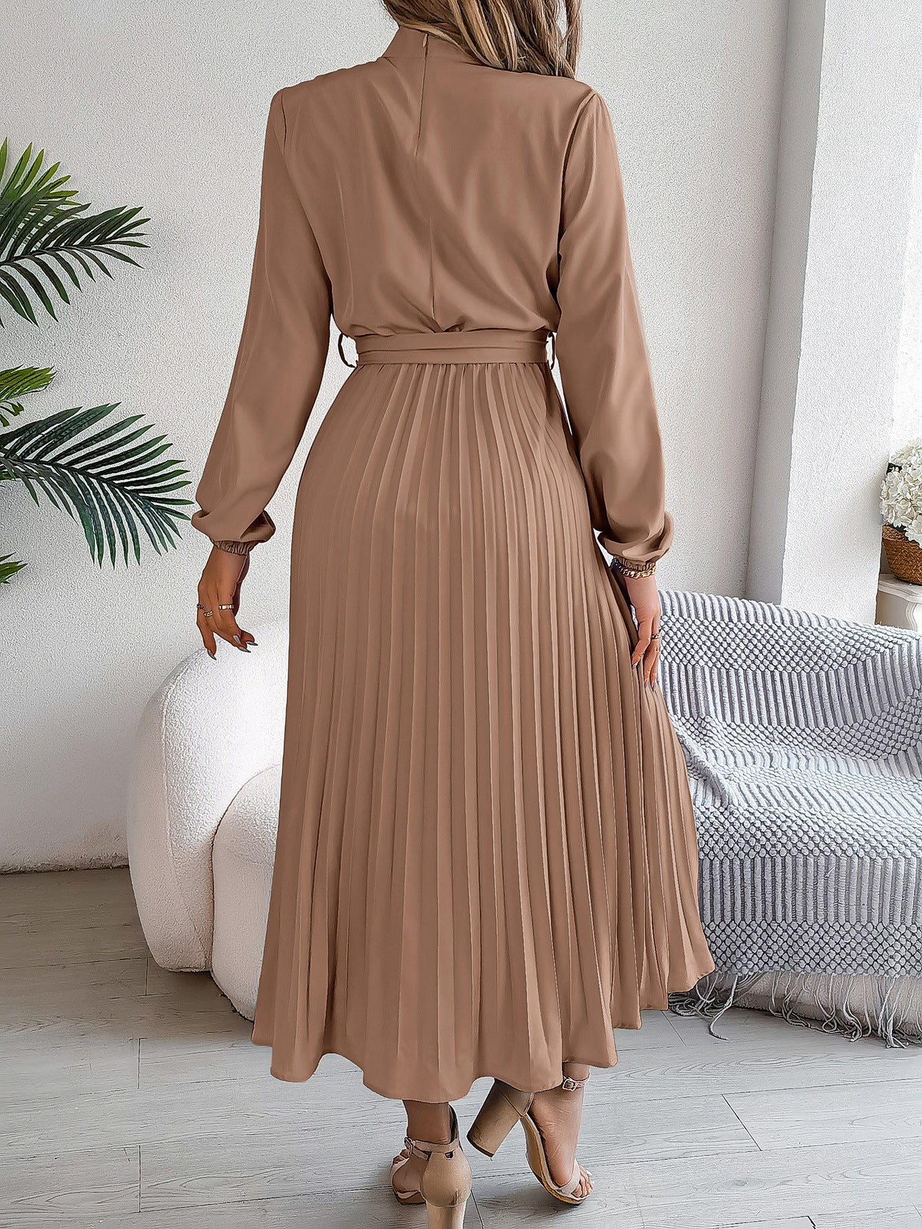 2026 European and American Spring/Summer Elegant Stand Collar Long Sleeve Waist-Cinched Pleated Long Dress Mini Dress Amazon Cross-Border Women's Clothing by DERILUJA LLC