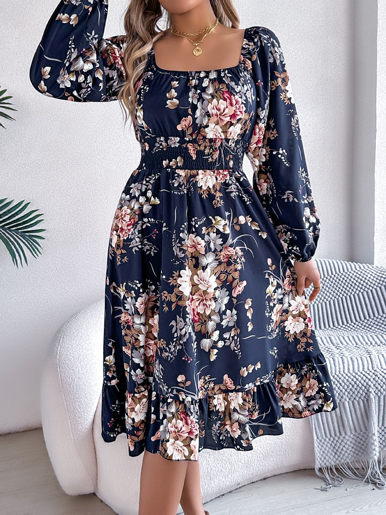 Real shot spring and summer European and American elegant flower square collar long sleeve waist ruffled A- line skirt independent station cross-border women's clothing by DERILUJA LLC