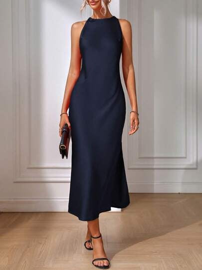 European and American Cross-Border Amazon Satin Dress Women's Spring and Summer Sleeveless Slit Satin Imitation Silk Long Skirt by DERILUJA LLC