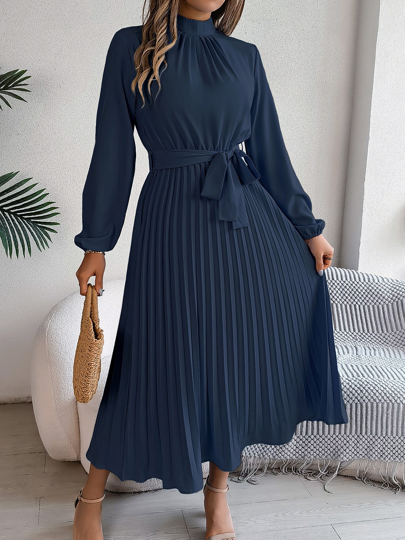 2026 European and American Spring/Summer Elegant Stand Collar Long Sleeve Waist-Cinched Pleated Long Dress Mini Dress Amazon Cross-Border Women's Clothing by DERILUJA LLC