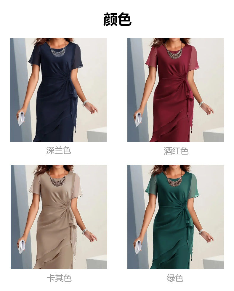 Cross-border independent station new 2025 summer dress stitching chiffon crew neck short sleeve dress by DERILUJA LLC