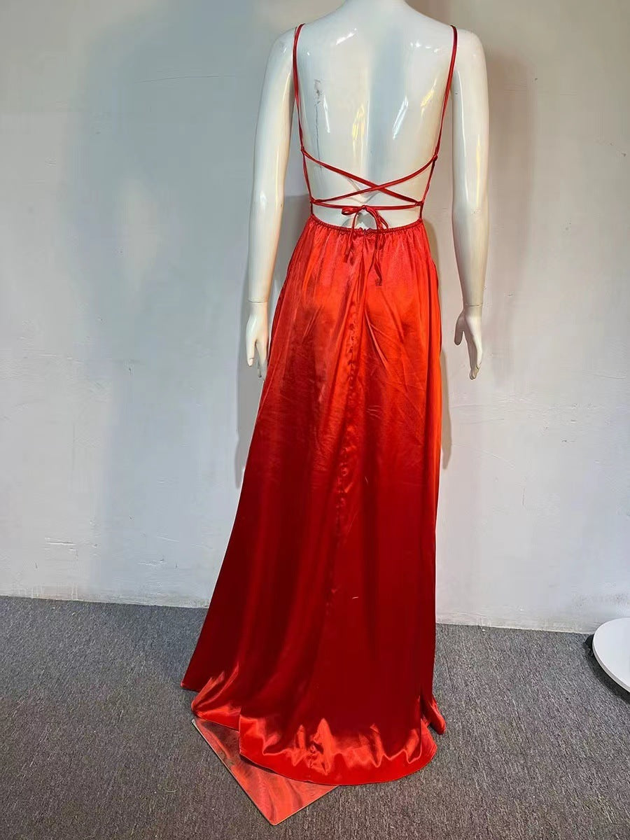 2023 Amazon European and American cross-border new bridesmaid dress long dress small tail strap solid color banquet evening dress by DERILUJA LLC
