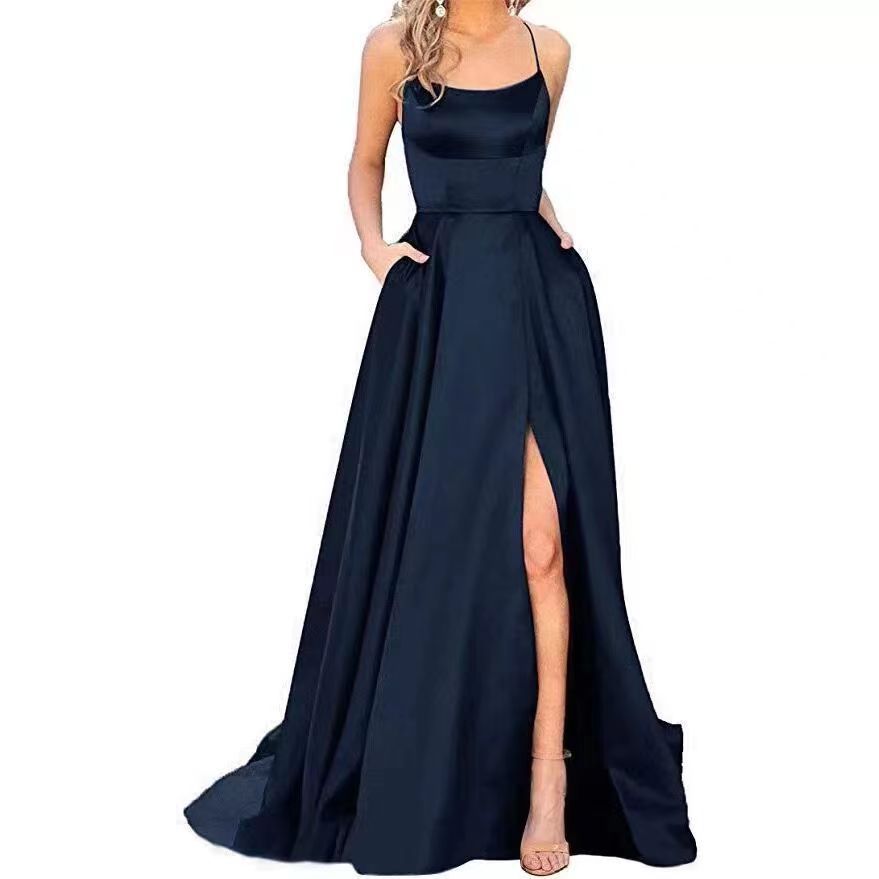 2023 Amazon European and American cross-border new bridesmaid dress long dress small tail strap solid color banquet evening dress by DERILUJA LLC