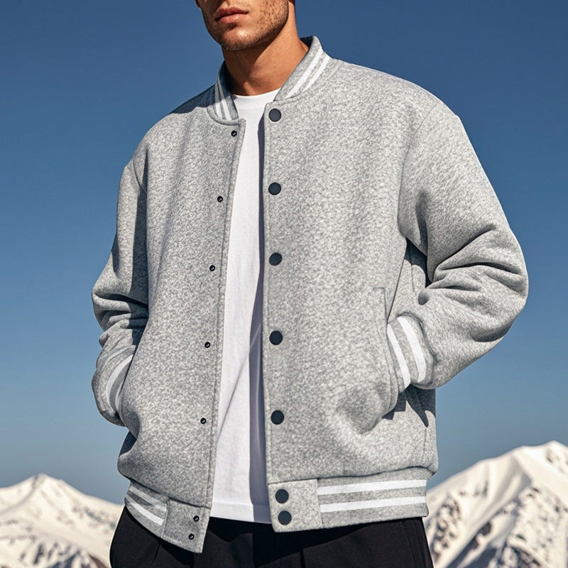 Cross-Border Men's Autumn and Winter Fleece American Retro Baseball Jacket Loose Casual Stand Collar Single-Breasted Men's Coat by DERILUJA LLC