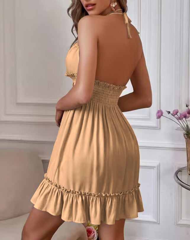 European and American Amazon Cross-Border Popular Women's Clothing Deep V Rope Suspender Parallel Pleated Sexy Dress Beach Degree by DERILUJA LLC