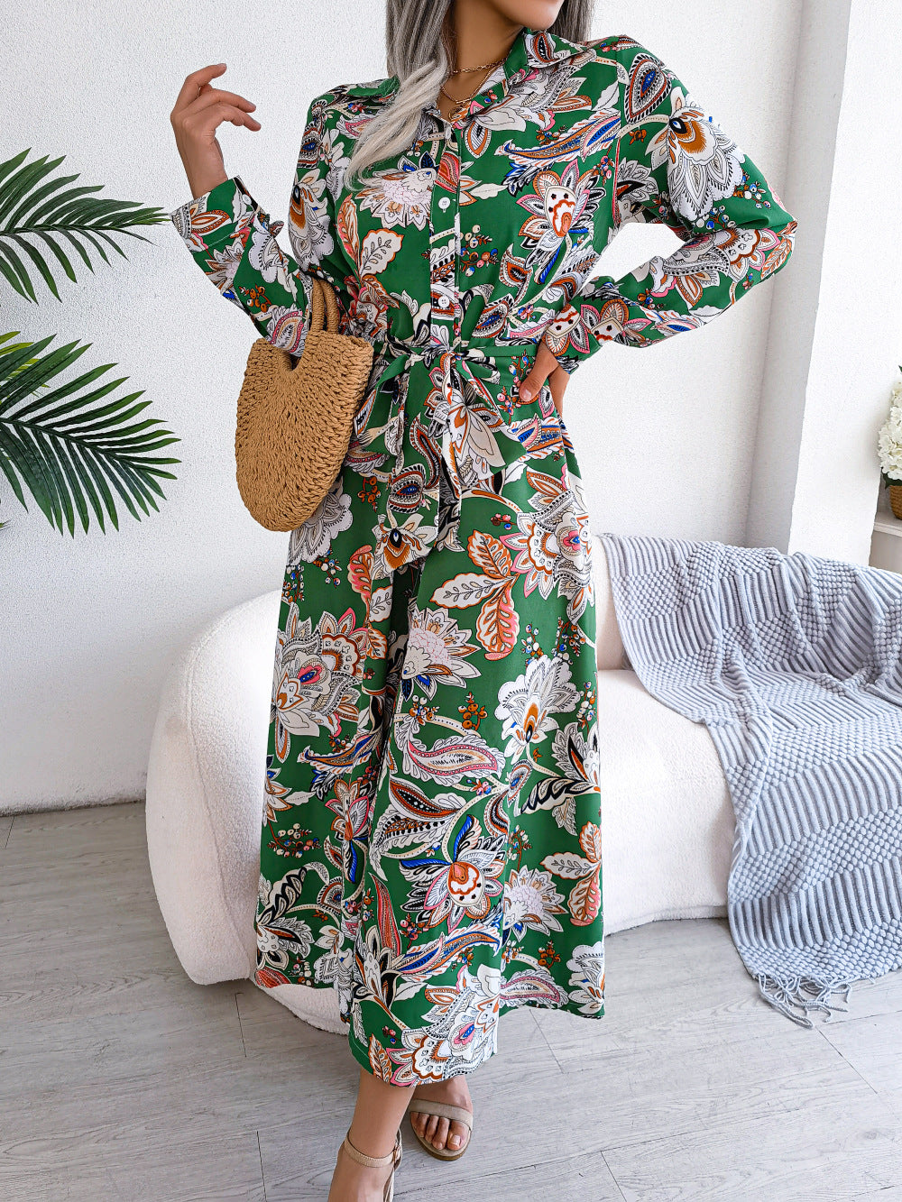 2026 Spring/Summer European and American Retro Floral Lapel Tie Shirt Dress Long Dress Amazon Cross-Border Women's Clothing by DERILUJA LLC