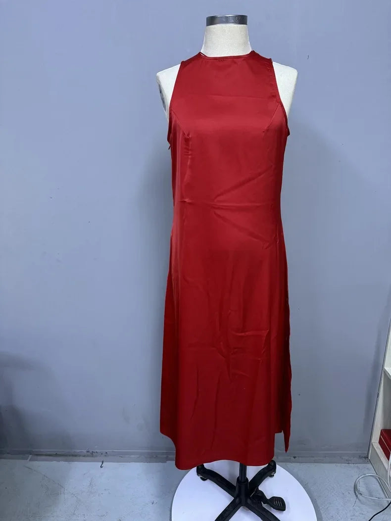 European and American Cross-Border Amazon Satin Dress Women's Spring and Summer Sleeveless Slit Satin Imitation Silk Long Skirt by DERILUJA LLC