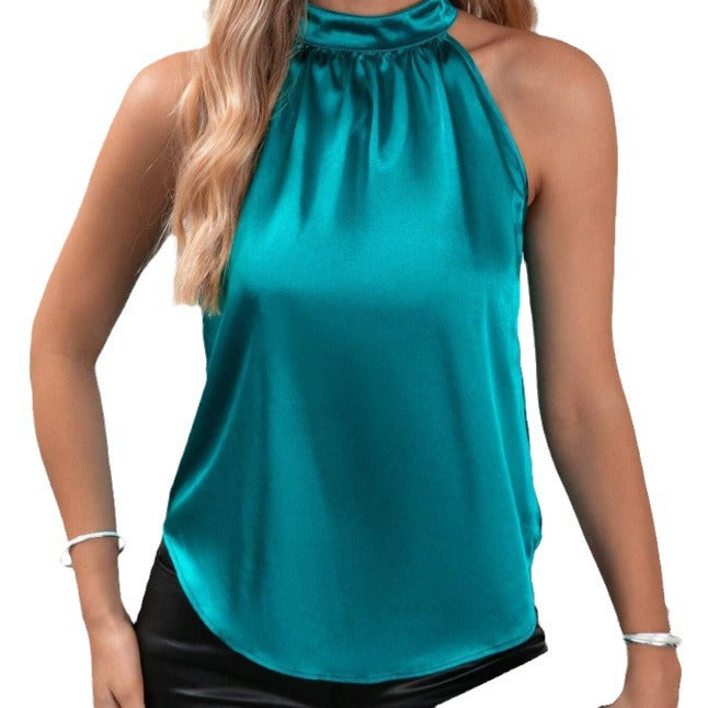 Amazon 2026 European and American Cross-Border Foreign Trade Summer New Satin Vest for Women, Solid Color Off-Shoulder Halter Neck Sleeveless Top by DERILUJA LLC