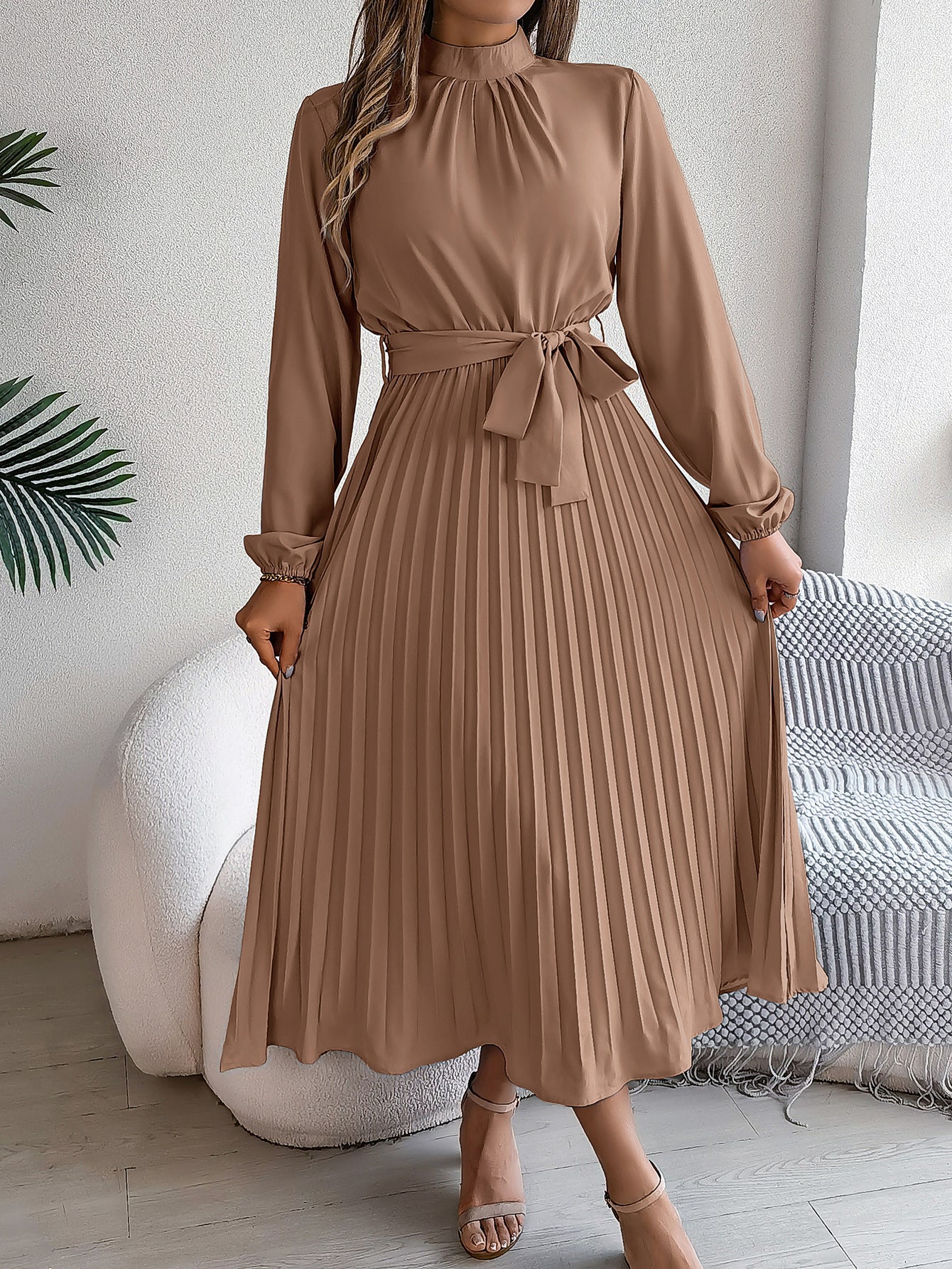 2026 European and American Spring/Summer Elegant Stand Collar Long Sleeve Waist-Cinched Pleated Long Dress Mini Dress Amazon Cross-Border Women's Clothing by DERILUJA LLC