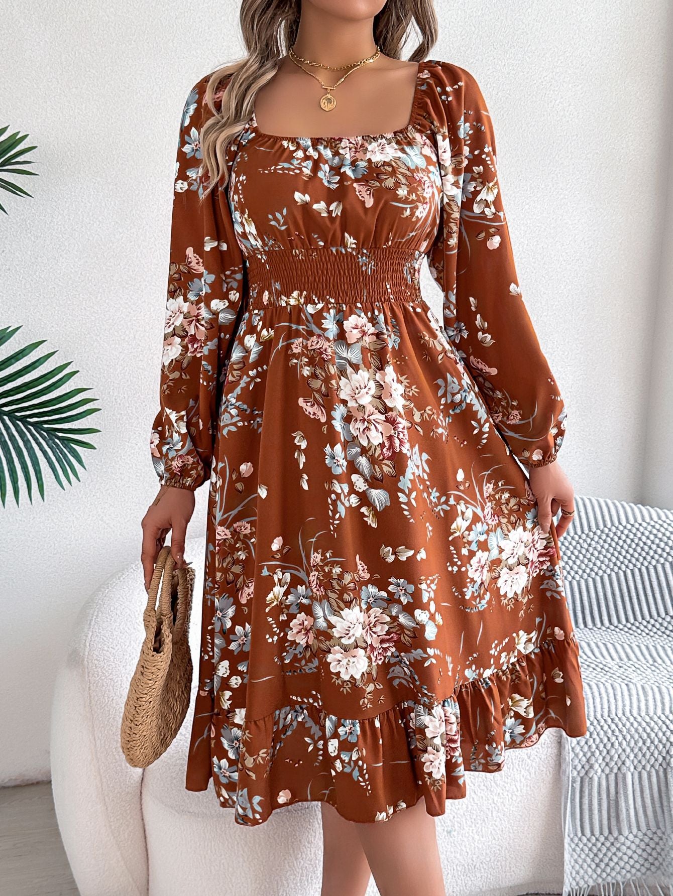 Real shot spring and summer European and American elegant flower square collar long sleeve waist ruffled A- line skirt independent station cross-border women's clothing by DERILUJA LLC