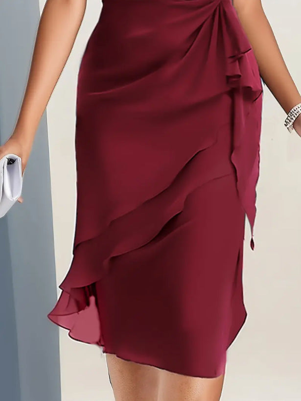 Cross-border independent station new 2025 summer dress stitching chiffon crew neck short sleeve dress by DERILUJA LLC