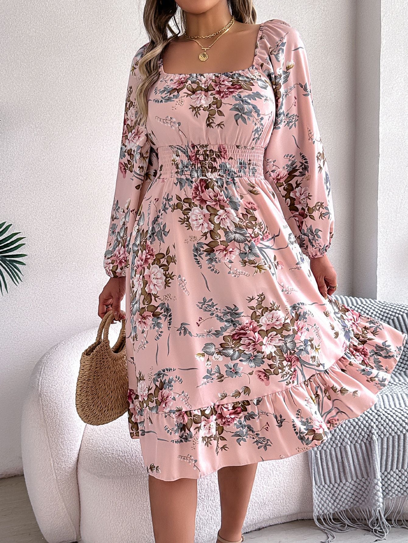Real shot spring and summer European and American elegant flower square collar long sleeve waist ruffled A- line skirt independent station cross-border women's clothing by DERILUJA LLC