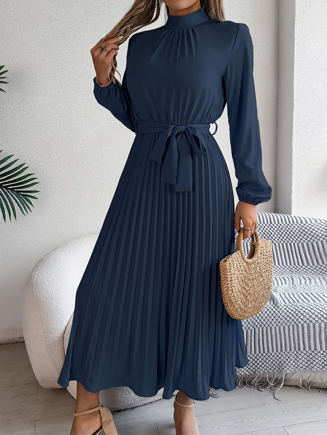 2026 European and American Spring/Summer Elegant Stand Collar Long Sleeve Waist-Cinched Pleated Long Dress Mini Dress Amazon Cross-Border Women's Clothing by DERILUJA LLC