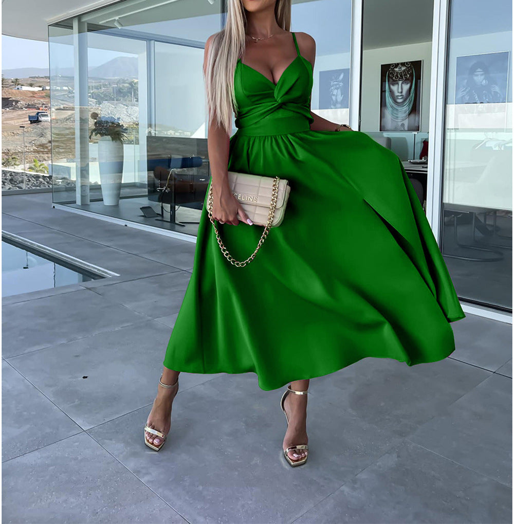 Europe and the United States cross-border foreign trade new women's Amazon suspenders V-neck large pendulum dress slim-fit backless mid-length dress by DERILUJA LLC