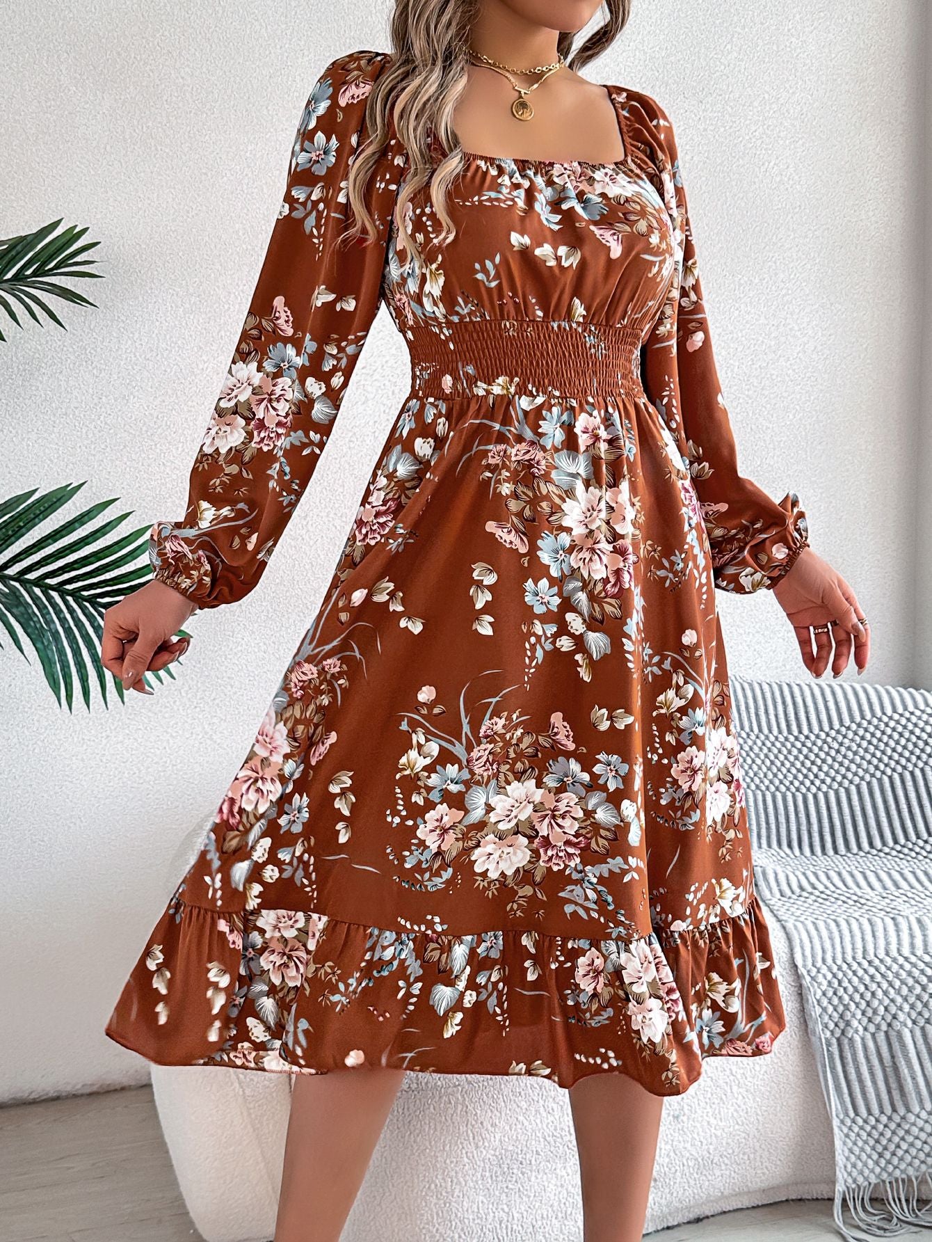 Real shot spring and summer European and American elegant flower square collar long sleeve waist ruffled A- line skirt independent station cross-border women's clothing by DERILUJA LLC