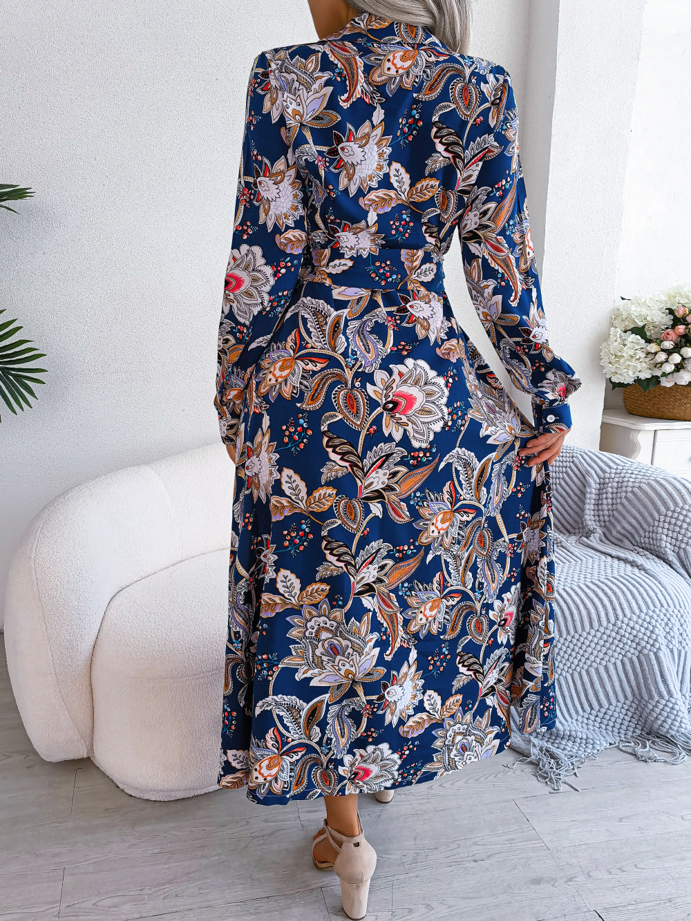 2026 Spring/Summer European and American Retro Floral Lapel Tie Shirt Dress Long Dress Amazon Cross-Border Women's Clothing by DERILUJA LLC