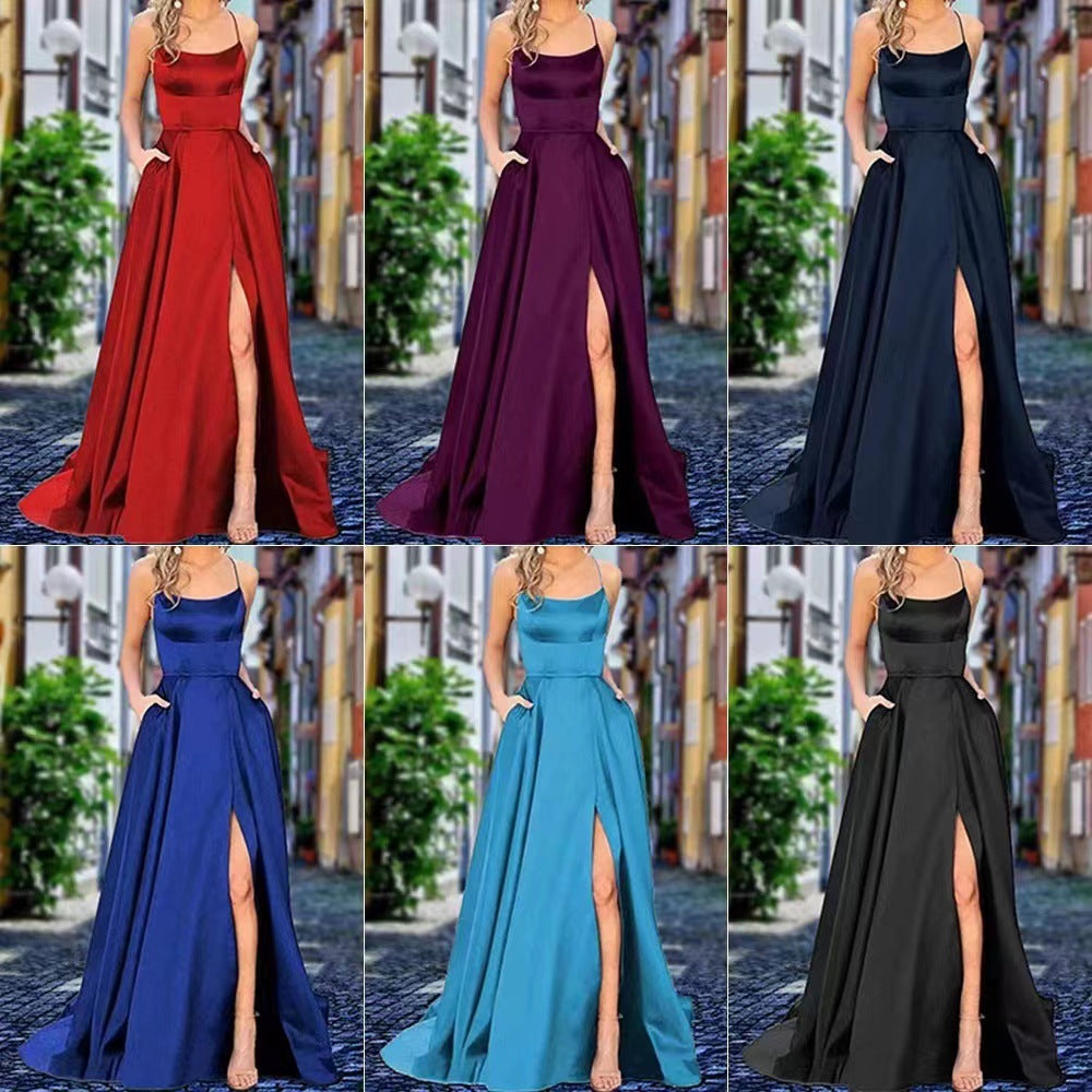 2023 Amazon European and American cross-border new bridesmaid dress long dress small tail strap solid color banquet evening dress by DERILUJA LLC