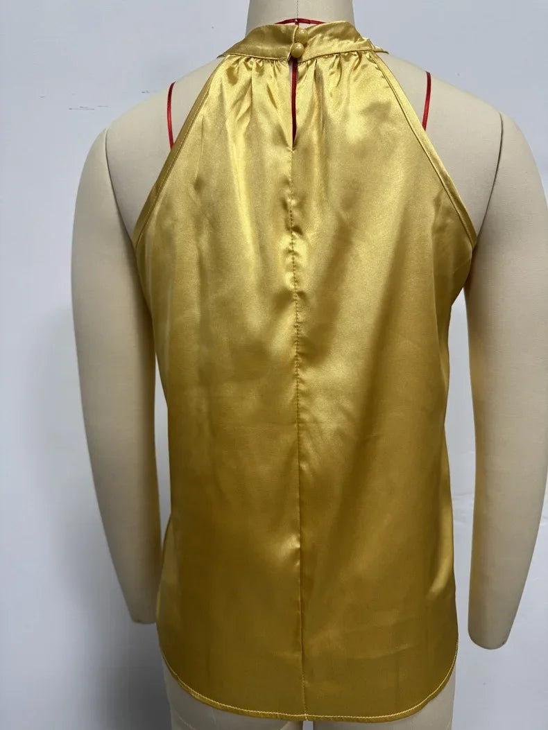 Amazon 2026 European and American Cross-Border Foreign Trade Summer New Satin Vest for Women, Solid Color Off-Shoulder Halter Neck Sleeveless Top by DERILUJA LLC