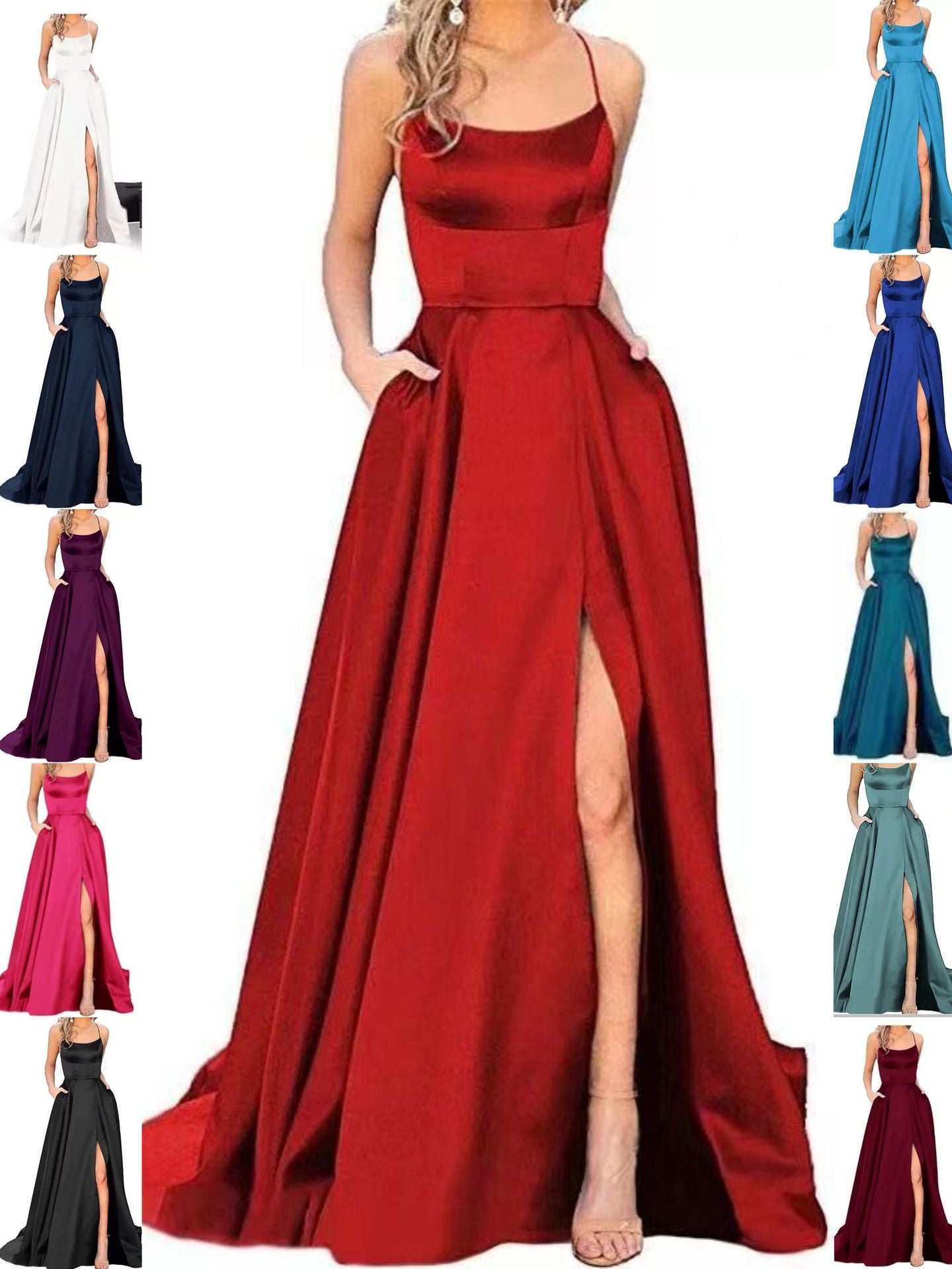 2023 Amazon European and American cross-border new bridesmaid dress long dress small tail strap solid color banquet evening dress by DERILUJA LLC