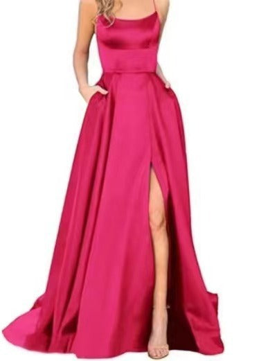 2023 Amazon European and American cross-border new bridesmaid dress long dress small tail strap solid color banquet evening dress by DERILUJA LLC